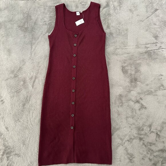 NWT Gap Ribbed Sweater Dress Midi Ruby Wine Women's LARGE Buttons Sleeveless - Picture 1 of 6